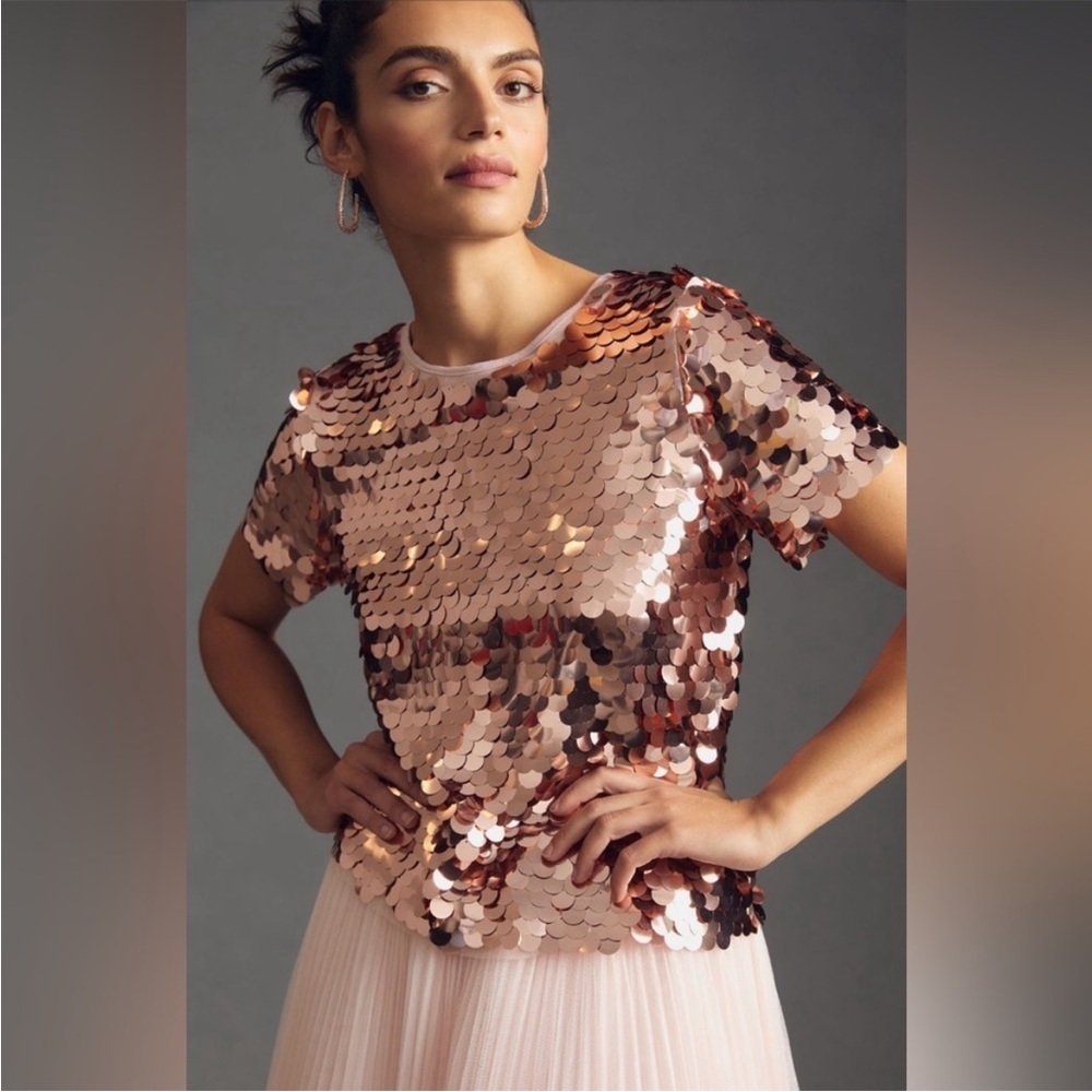 Eva Franco Rose Gold Sequin Short Sleeve Top